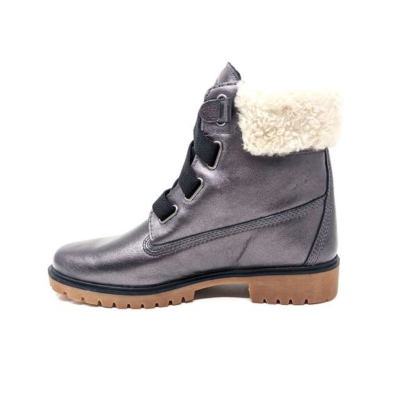 New Timberland Womens 8.5 Shoes Jayne Boots Fur Waterproof Metallic Grey Leather - Picture 3 of 11